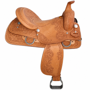 Selle de cheval en cuir western de qualité supérieure, siège rembourré confortable, design durable, quincaillerie nickelée, équipement d'équitation personnalisé pour cavaliers - Product Image 1