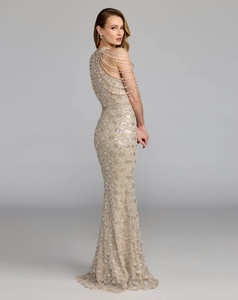 Robe de soirée longue en satin non extensible, coupe trapèze, col montant, asymétrique à une épaule, ornée de perles et brodée, couleur champagne, pour l'été - Product Image 3