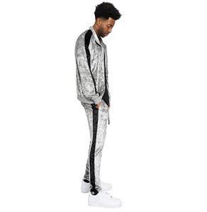 <b>Lounge</b> Wear Men's Velvet Zipper Tack Suits With Side Stripe Slim Fit 2 Piece Zip Up Front Enclosure Velour Stripped Sweat Suits - Product Image 1
