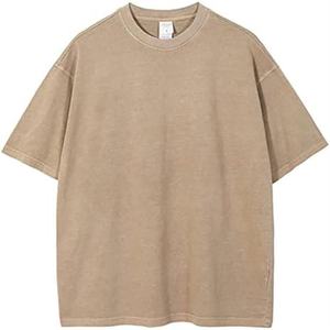 Camiseta de punto sólido con logo frontal, lavado ácido extremo, estilo vintage, corte regular, efecto desgastado por el sol, oversize, 100% algodón, estilo lavado a la piedra, cómoda - Product Image 2