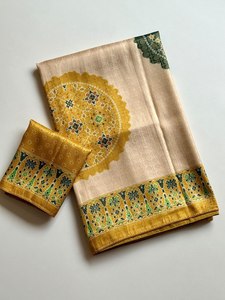 ผ้าซารีไหมนุ่มพิเศษ Reglance Premium Nylon Jari Jacquard Dola ลายพิมพ์ดิจิทัลสไตล์ Ajrakh Bandhani พร้อมขอบผ้าปักดิ้นดิบสองชั้น - Product Image 3