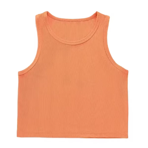 Débardeur court côtelé orange pour femme, col rond, sans manches, couleur unie, respirant, en Spandex/Nylon, coupe ajustée, pour le yoga, avec logo frontal - Product Image 1