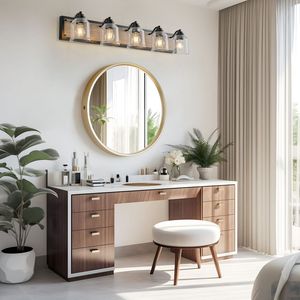 Lampada da parete per bagno stile rustico da 40 pollici a 5 luci con paralumi in vetro smerigliato trasparente e finitura in legno nero, design applique da parete - Product Image 5