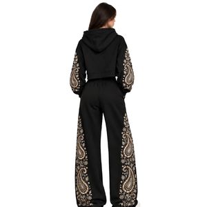 <b>Black</b> Womens Paisley Print Crop Hoodie Wide Leg Pants Two Piece Tracksuit Casual Streetwear Loose Fit <b>Jogger</b> Outfit Set - Product Image 3