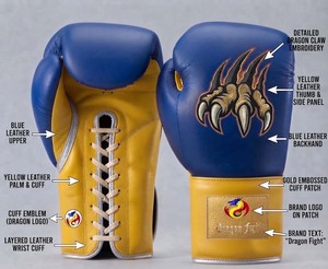 Gants de boxe professionnels en cuir DF-BGAby1 16 oz à lacets avec poignée ergonomique bleu/jaune pour entraînement MMA et kickboxing adulte - Product Image 4