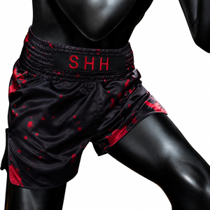 Shorts de combat athlétiques pour hommes en satin noir et rouge 2026, séchage rapide, 160g, pour Muay Thai, Kickboxing, MMA, Boxe, entraînement et sport de combat - Product Image 4