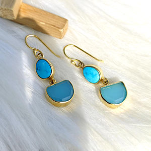 Pendientes colgantes geométricos de calcedonia azul turquesa, chapados en oro de 18k, con gancho ligero de latón, accesorios para mujer. - Product Image 3