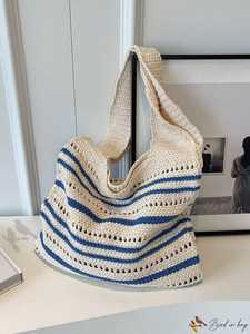 Sac fourre-tout en coton fait main au crochet avec rayures bleues, style bohème, forme irrégulière, décoration intérieure - Product Image 4