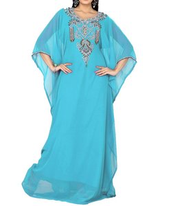 Abaya Informal de Poliéster con Cuentas Turquesas para Mujer, Talla Grande, Largo hasta el Tobillo, Manga Larga, Cuello Alto, Elegante para Fiestas y Eventos - Product Image 1