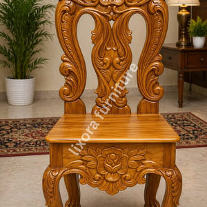 Chaise de salle à manger de luxe en bois massif, artisanale, avec sculpture ornée de roses, dossier haut, assise en bois fini. - Product Image 3