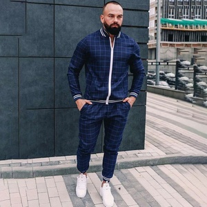 Factory Custom Men's Check Print Sublimated Bomber <b>Jacket</b> Tracksuit Zip Enclosure Ribbed Hem & Cuffs Stripe Zipper Sweat Suit - Product Image 6