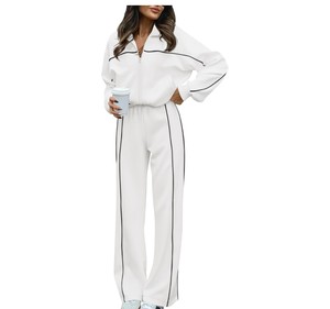 Ensemble de survêtement blanc pour femme, manches longues, fermeture éclair, coupe décontractée, couleur unie, respirant, en polyester, style printemps - Product Image 1