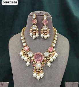 Luxury Pink Crystal Kundan <b>Statement</b> <b>Necklace</b> Set with American Diamond Pearl Gold Plated Bridal Wedding Party Jewelry Set - Product Image 1