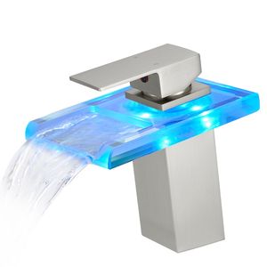 Grifo de Lavabo Monomando con Luz LED, 3 Colores Cambiantes, Caño de Vidrio en Cascada, Mezclador de Agua Fría y Caliente para Baño y Ducha - Product Image 3