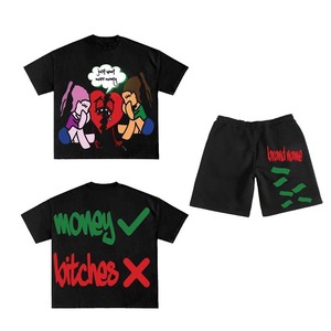 Conjunto de camiseta y pantalones cortos de algodón premium de 260 GSM para mujer, color negro, con estampado gráfico en relieve, logotipo personalizado, 100% algodón. - Product Image 1