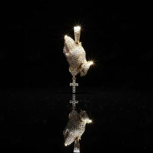 Iced Out Moissanite Praying Hands Cross Pendant Hip Hop Custom Charm Available in Silver Gold 10K 14K Gold Statement Jewelry - Product Image 3
