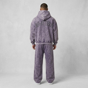 Men Acid Wash <b>Oversized</b> Zip Up Hoodie and Wide Leg <b>Sweatpants</b> Two Piece Tracksuit Set - Product Image 2