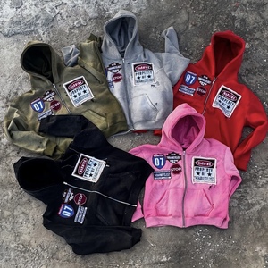 Custom Wholesale Men's 500Gsm Cotton <b>Fleece</b> <b>Zip</b> <b>Up</b> <b>Hoodie</b> Distressed Patch Embroidery <b>Fleece</b> Sweatshirt Autumn Winter Streetwear - Product Image 1
