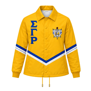 Yellow <b>Womens</b> Varsity Jacket Royal Blue Greek Letter Snap Button Front Blue White Striped Long Sleeve Collegiate Outerwear <b>Coats</b> - Product Image 1