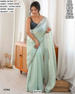 Sari de satén Fendy azul claro Rutvi con bordados, blusa de satén ultra, para bodas, indio, pakistaní, para mujer, corte regular, sin arrugas - Product Image 1