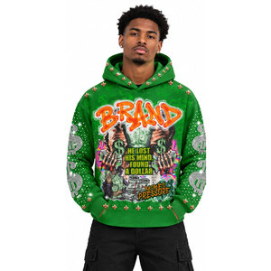 Sweat-shirt en polyester tricoté pour homme, vert, avec imprimé 'Money Pressure', style streetwear, coupe oversize, design à strass, hiver - Product Image 2