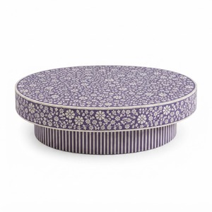 Mesa de centro redonda azul con incrustaciones de hueso y estante inferior, mesa central de lujo con patrón floral para sala de estar y salón de hotel, personalizada - Product Image 4