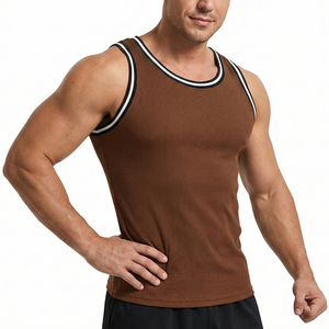 <b>Men's</b> Fitness Tank Top Custom Logo Muscle Fit Sleeveless Gym <b>Singlet</b> Ringer Contrast Neckline Striped Bodybuilding Sportswear - Product Image 1