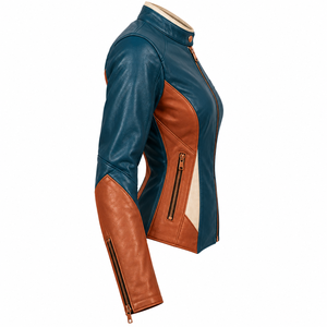 Darkry Custom <b>Womens</b> Teal Blue Cognac <b>Brown</b> Genuine <b>Leather</b> Racing <b>Jacket</b> Real Cowhide Motorcycle Biker Rider Sportswear Apparel - Product Image 3
