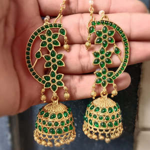 <b>Gold</b> Plated Pota Stone and Pearl Traditional Jhumki <b>Dangle</b> <b>Earrings</b> - Product Image 3
