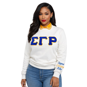 Sweat-shirt rayé blanc et or Sigma Gamma Rho pour femme, style décontracté streetwear, col rond, sororité grecque - Product Image 1