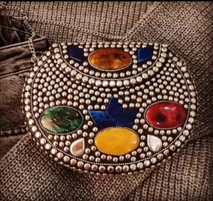 Circular Metal Clutch <b>Bag</b> With Silver Plated <b>Studs</b> And Pearl Flower Design For Wedding Decoration - Product Image 3