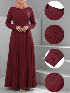 Vestido Maxi Plisado de Gasa con Cuello Redondo y Manga Larga, con Cinturón, Estilo Abaya Elegante y Holgado para Mujeres Musulmanas, Ideal para Fiestas - Product Image 2