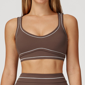Sujetador deportivo de color liso para mujer con cuello redondo, soporte medio, para yoga y ropa deportiva, con tirantes finos, costuras en contraste y transpirable. - Product Image 4