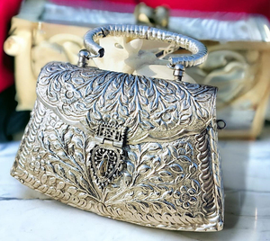 Elegant Metal Floral Embroidered Flap Evening <b>Bag</b> With Ring Handle Handmade For Party - Product Image 4