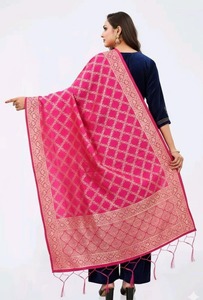 Handmade Rani Pink Art Silk Jacquard Dupatta Stoles <b>Golden</b> Floral Borders Tassels Zari Jaal Grid Banarasi Wedding Gift Birthday - Product Image 2