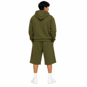 Men's Olive Green Tracksuit Set 2PC Full Zip Hoodie Knee Length <b>Shorts</b> 100% Cotton Fleece High Street Customized Apparel - Product Image 2