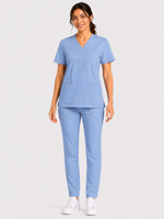 Ensemble de blouses médicales unisexe bleu ciel en tissu sergé Spandex/Polyester, détection d'aiguilles, col en V, uniforme d'hôpital, uniforme de soins de santé, infirmière