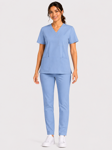 Women Sky Blue Medical <b>Scrub</b> Set V Neck Hospital Healthcare <b>Uniform</b> Nurse Workwear Top And Pan - Product Image 3