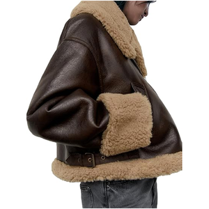 Blouson bomber en cuir véritable pour femme avec col et poignets en fourrure, manteau court d'hiver épais et coupe-vent - Product Image 2