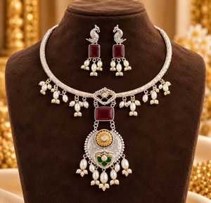 Conjunto de Collar Nupcial Oxidado Hasli, Chapado en Plata Antigua, Joyería con Piedras, Diseño Kundan Pintado a Mano, Gargantilla para Uso Festivo - Product Image 4
