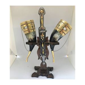 Customized Viking Horn Beer <b>Mugs</b> With Wooden Stand And Sword Holder Floral Pattern <b>Gold</b> Plated Vintage Style For Party Adult Use - Product Image 1