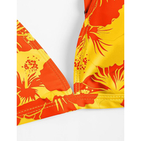 Set Bikini Wanita Hibiscus Kuning Neon Baju Renang Oranye Cerah Dua Potong Pakaian Mandi Seksi Berbantalan Pakaian Pantai Bermotif Bunga