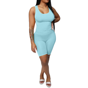 Women's Backless <b>Square</b> Collar Sleeveless Solid Color Knitted Spandex/Nylon 2-Piece Shorts <b>Set</b> Regular Fit Sporty Summer Wear - Product Image 3