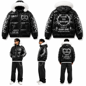 Blouson matelassé noir personnalisé en similicuir verni avec capuche en fourrure et motif graphique fil de fer barbelé pour homme et femme, idéal pour l'hiver et les activités de plein air - Product Image 6