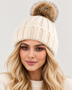 Cream Knitted <b>Beanie</b> <b>Hat</b> With Pom Pom 100% Acrylic Winter Casual Wear For <b>Women</b> 56-58CM Head Circumference - Product Image 4
