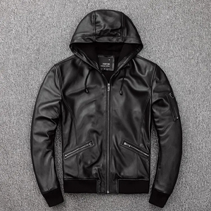 Custom Men Genuine Leather Hooded Bomber <b>Jacket</b> Winter Streetwear Sheepskin <b>Waterproof</b> Windproof Anti-UV Front <b>Plus</b> <b>Size</b> High - Product Image 1