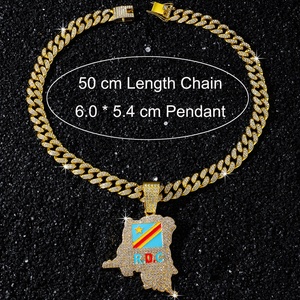 Colliers pendentifs drapeau RDC Iced Out en alliage plaqué or avec chaîne cubaine en cristal, bijoux Hip Hop Bling R.D.C. avec inscription « R.D.C » - Product Image 2
