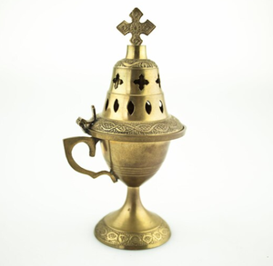Brûle-encens en laiton finition nacre avec croix sur le dessus et poignée, facilement transportable, couleur or, articles religieux en cadeau - Product Image 6