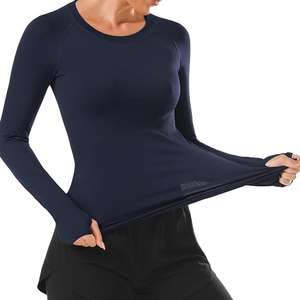 <b>Women's</b> <b>Navy</b> Blue Long Sleeve Crew Neck Yoga <b>Top</b> Breathable Solid Color Activewear Shirt Regular Fit Full Sleeve - Product Image 4