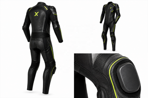 Combinaison de moto en cuir monopièce avec protections de genoux pour la course |   Noir avec des accents vert néon |   Fabricant OEM ODM |   Design haut de gamme | - Product Image 6